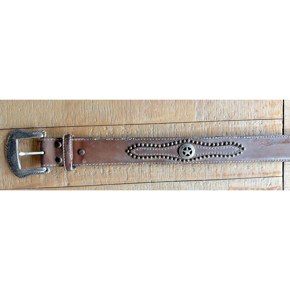 Nocona Mens 32 Western Silver Engraved Buckle Brown Leather Rustic Belt
